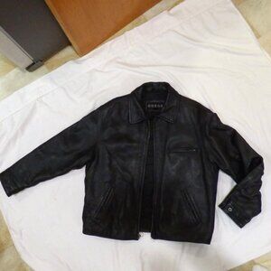 Mens Guess Heavy Lined Black Leather Jacket, Zip Up, side buckles